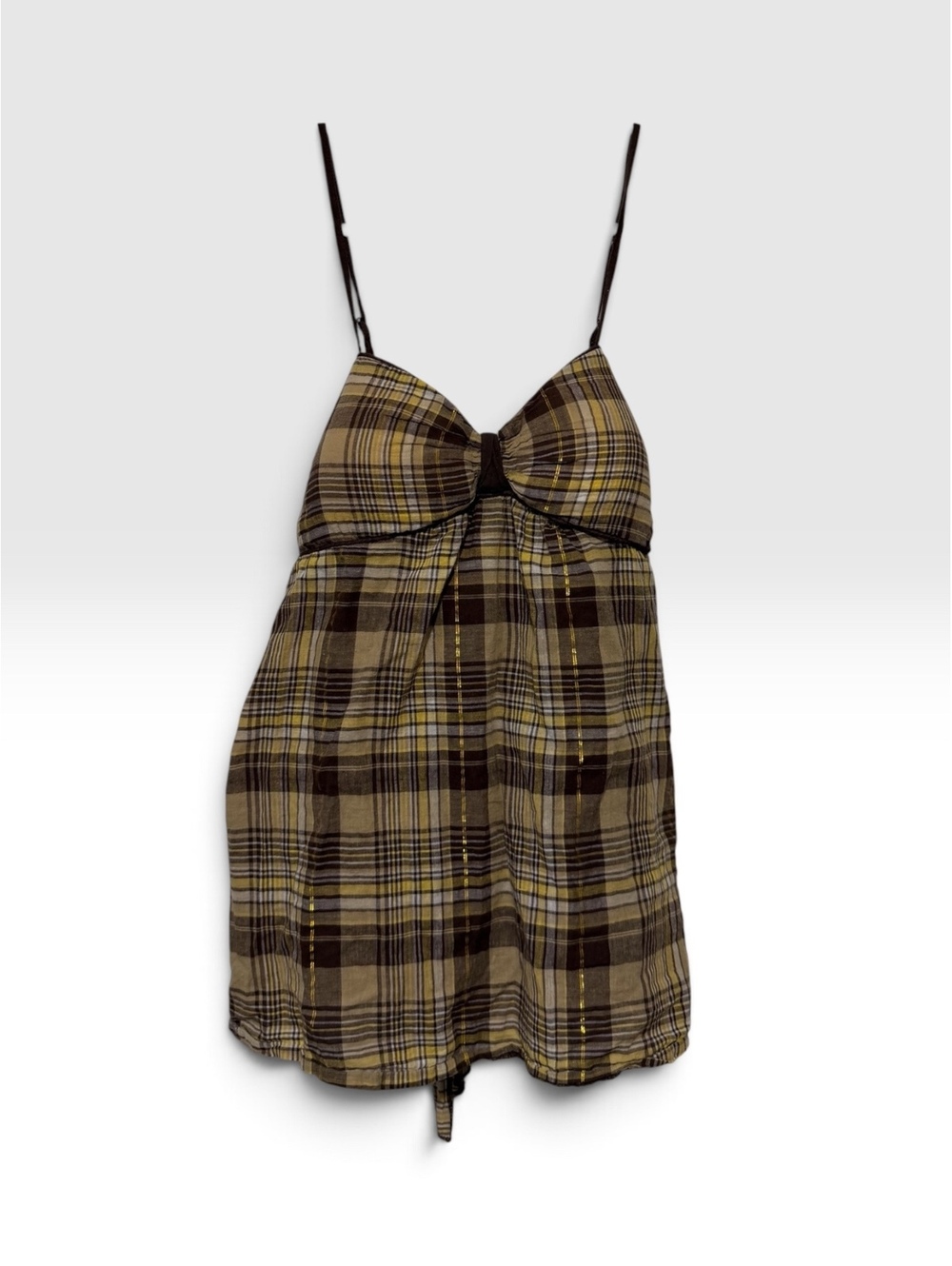 Y2K L.e.i. Brown and Yellow Plaid Spaghetti Strap Tank Top with Tie Back